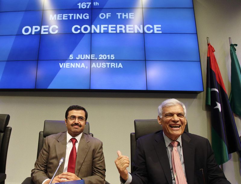 © Reuters. OPEC President Qatar's Minister of Energy and Industry al-Sada and OPEC secretary general al-Badri talk to journalists before a meeting of OPEC oil ministers in Vienna