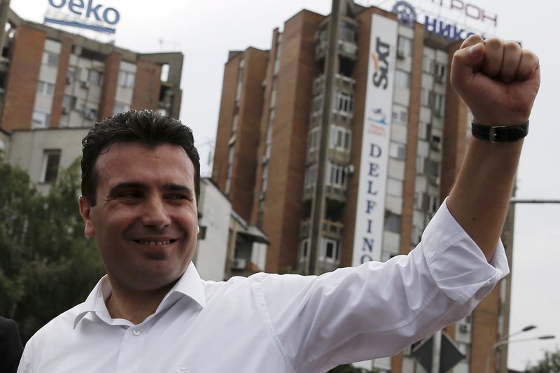 © Reuters. Opposition Social Democrat leader Zoran Zaev reacts during an anti-government demonstration in Skopje