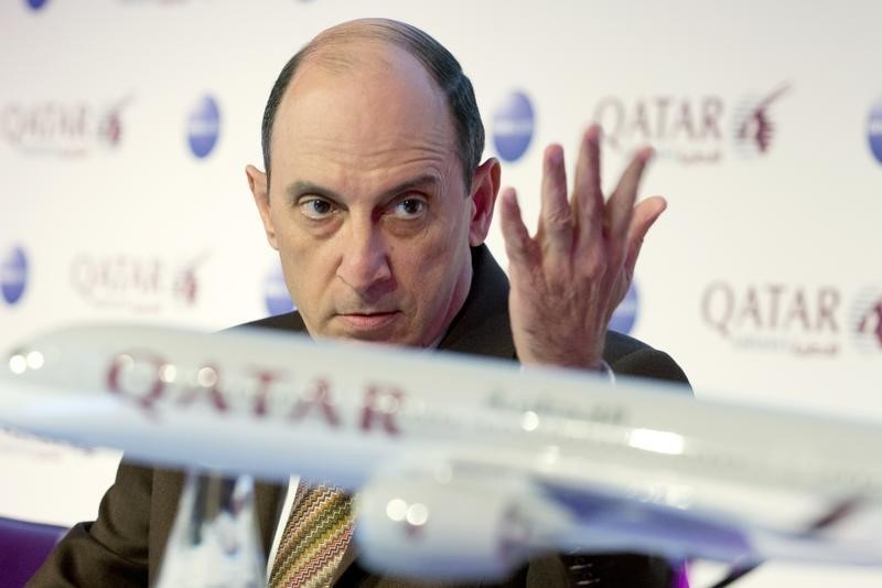 © Reuters. Qatar Airways Chief Executive Akbar Al Baker attends a news conference at the International Tourism Trade Fair (ITB) in Berlin