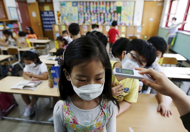 © Reuters. An elementary school student wearing a mask to prevent contracting Middle East Respiratory Syndrome (MERS), receives a temperature check at an elementary school in Seoul