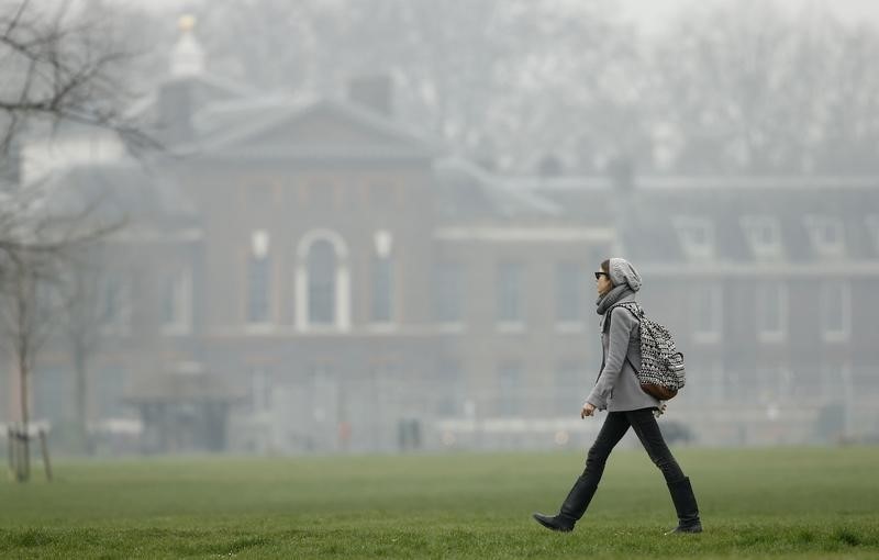 © Reuters. A woman strolls through Kensington Gardens as smog surrounds Kensington Palace in central London
