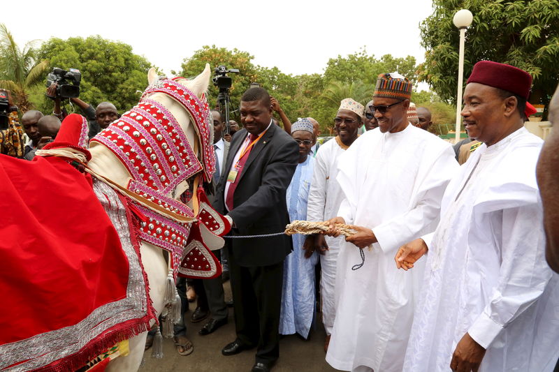 © Reuters. Niger's President Mahamadou Issoufou  and Nigerian President Muhammadu Buhari observe a horse wearing a ceremonial outfit in Niamey
