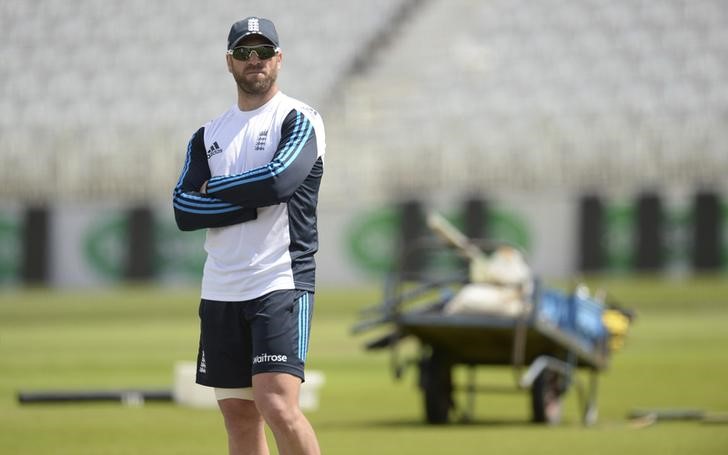 © Reuters. England's Prior looks on during a training session before Wednesday's first cricket test against India at Trent Bridge cricket ground in Nottingham, England