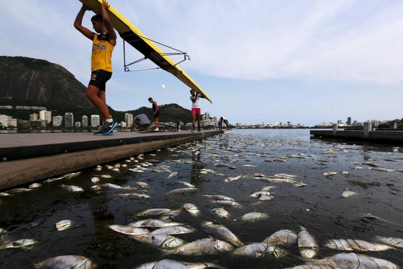 © Reuters. Peixes mortos junto a atletas na Lagoa Rodrigo de Freitas, no Rio de Janeiro