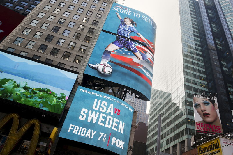 © Reuters. A digital billboard advertising the Women's World Cup is seen at Times Square in New York