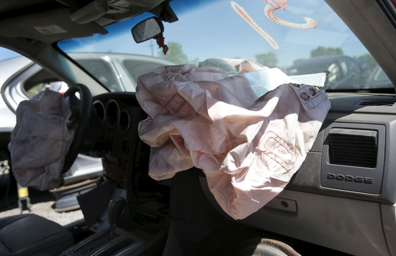 © Reuters. Deployed Takata manufactured airbags are seen on the driver and passenger sides of a 2007 Dodge Charger vehicle at a recycled auto parts lot in Detroit