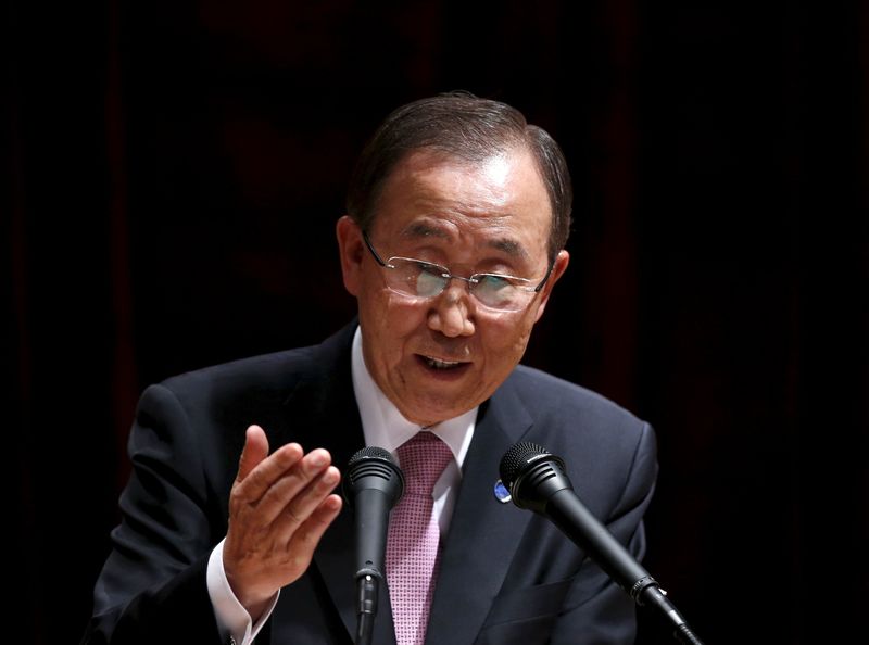 © Reuters. UN Secretary-General Ban Ki-moon delivers a speech during a ceremony to commemorate the 70th anniversary of the United Nations at the Foreign Ministry in Seoul