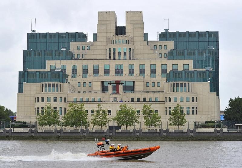© Reuters. A motorboat passes by the MI6 building in London
