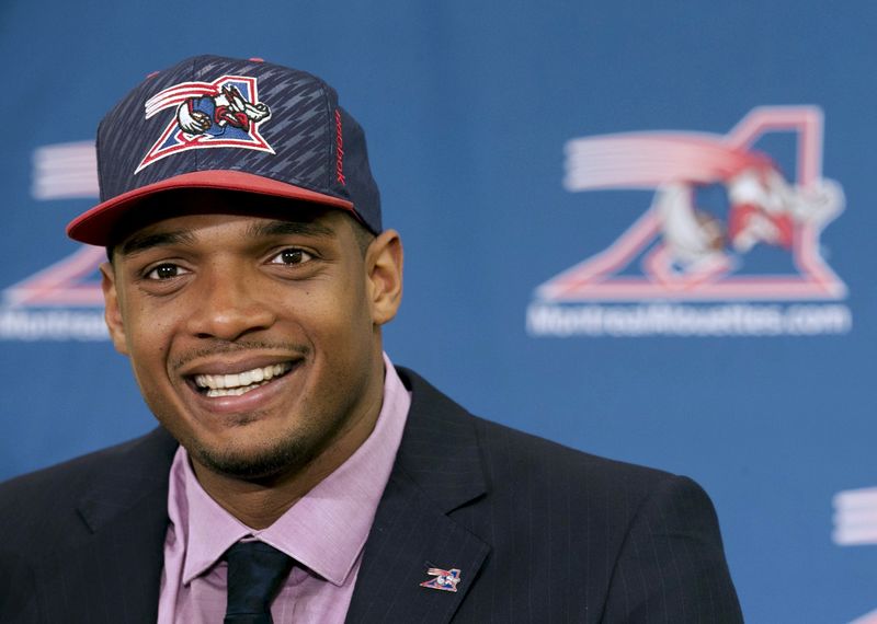 © Reuters. Newly signed defensive end Sam smiles as he is introduced to the media by the Montreal Alouettes CFL football team in Montreal