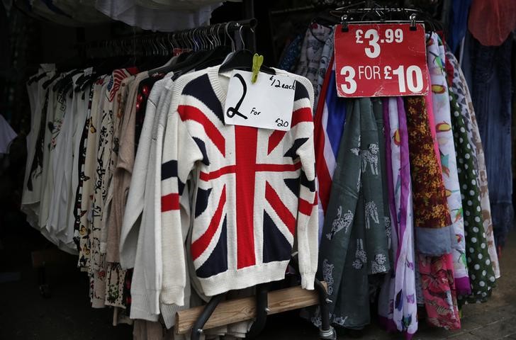 © Reuters. Pricing signs hang on clothing outside a shop in London