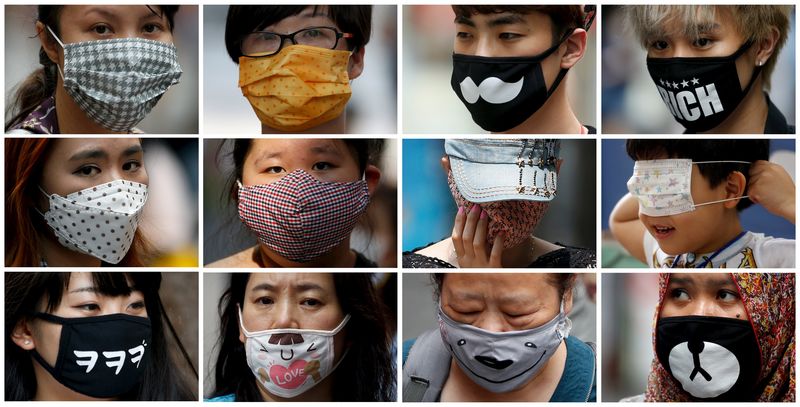 © Reuters. Combination picture shows people wearing masks to prevent contracting Middle East Respiratory Syndrome (MERS) in Seoul, South Korea