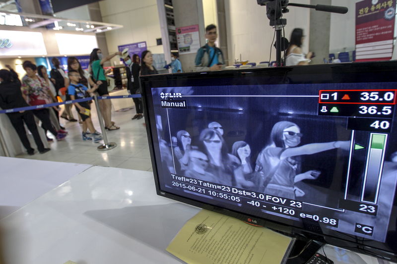 © Reuters. A monitor connected to a body temperature scanner shows flight passengers arriving at Bangkok's Suvarnabhumi International Airport