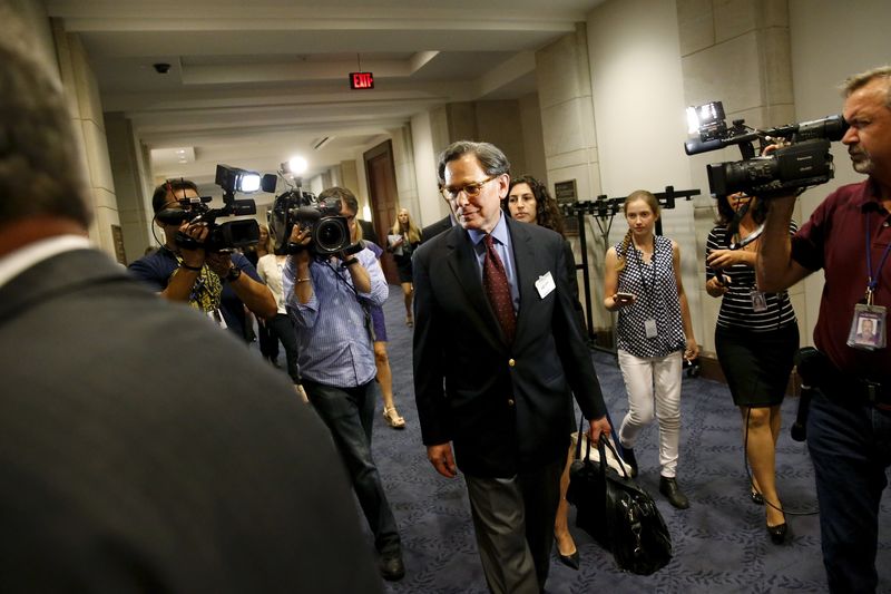 © Reuters. Blumenthal is trailed by reporters as he takes a lunch break from being deposed in private session of the House Select Committee on Benghazi at the U.S. Capitol in Washington