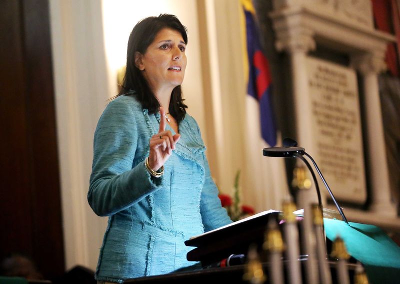 © Reuters. Governor Nikki Haley addresses a full church during a prayer vigil held at Morris Brown AME Church