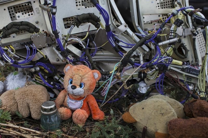 © Reuters. A teddy bear is placed next to wreckage at the site of the downed Malaysia Airlines flight MH17, near the village of Hrabove (Grabovo) in Donetsk region, eastern Ukraine
