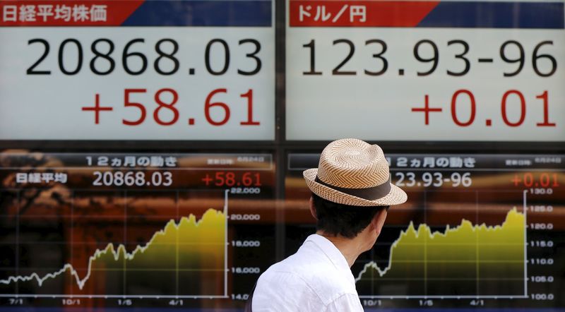 © Reuters. A man walks past in front of electronic boards showing Japan's Nikkei average and the exchange rates between the Japanese yen against the U.S. dollar outside a brokerage in Tokyo
