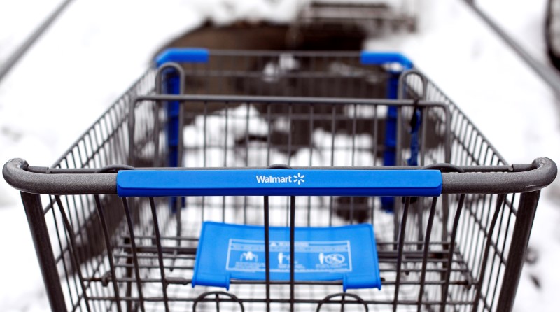 © Reuters. A Walmart shopping cart is seen in their parking lot in Westbury,New York