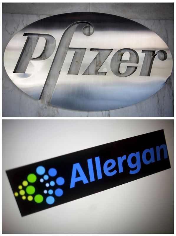 © Reuters. Логотипы Pfizer и Allergan 