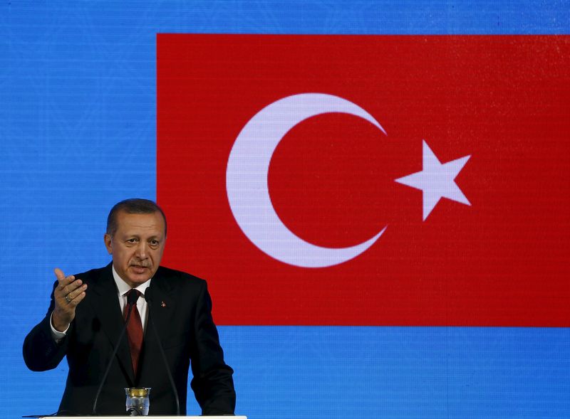 © Reuters. Turkish President Erdogan speaks during a news conference after a meeting Japanese Prime Minister Abe in Istanbul