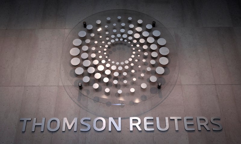 © Reuters. The Thomson Reuters logo inside lobby of company building in Times Square, New York