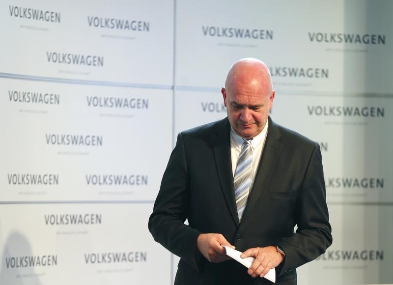 © Reuters. Osterloh head of Volkwagen's works council leaves after addressing news conference at company's headquarters in Wolfburg