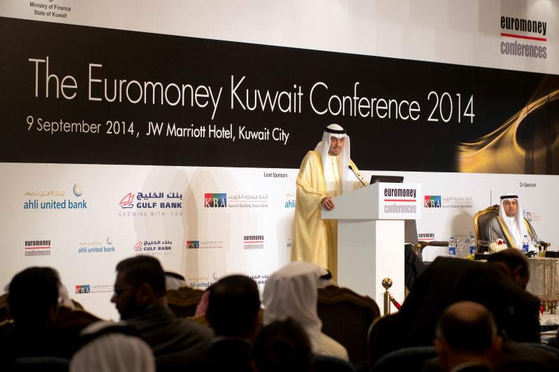 © Reuters. Kuwait's Minister of Finance Anas al-Saleh speaks at the opening of the Euromoney Conference in Kuwait City