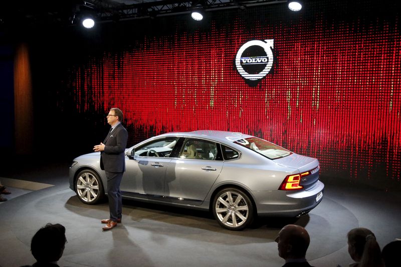 © Reuters. Volvo Cars' Peter Mertens, Senior Vice President, Research & Development, speaks during a media event to showcase the new Volvo S90 car model in Gothenburg