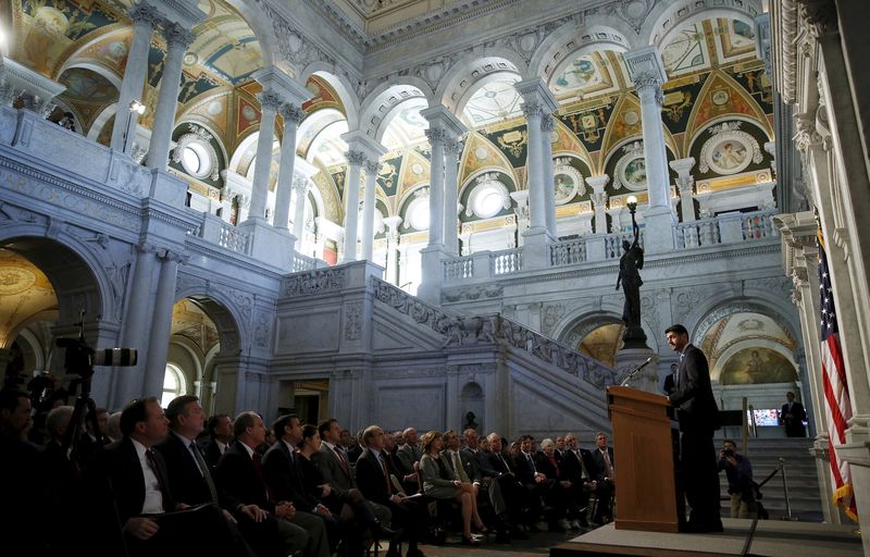 © Reuters. U.S. House Speaker Paul Ryan (R-WI) delivers a policy address from the Great Hall at the Library of Congress in Washington