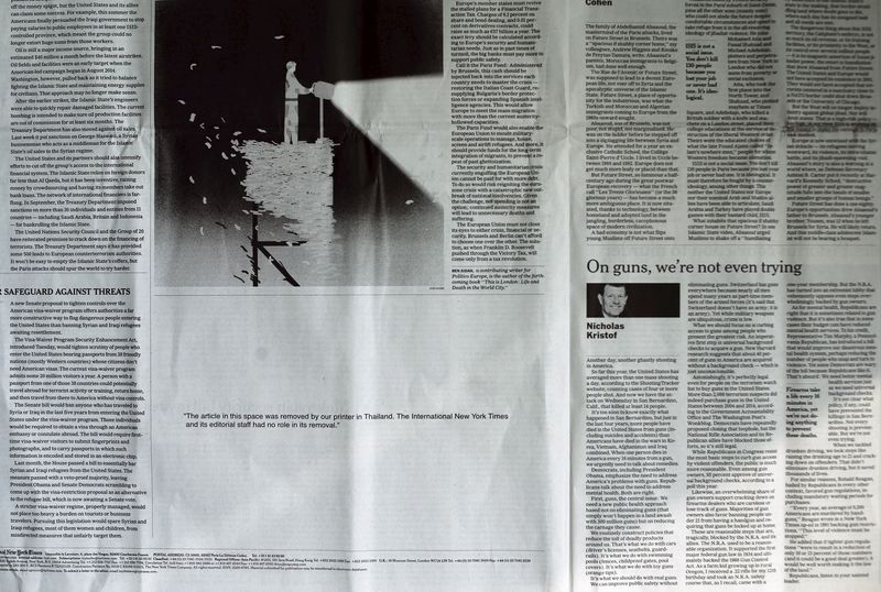 © Reuters. A Thailand print edition of International New York Times is seen with a blank space instead of a story on Thai royal wealth, in Bangkok 