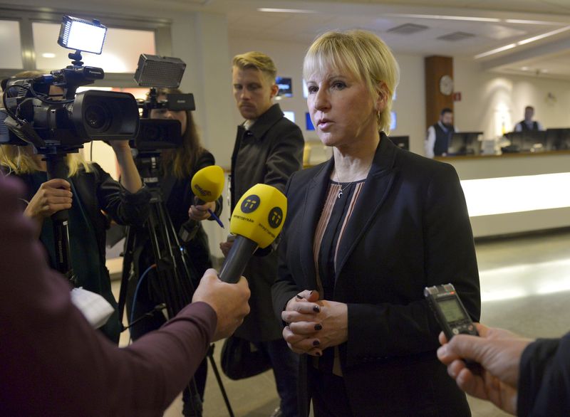 © Reuters. Sweden's Minister for Foreign Affairs Margot Wallstrom gives a statement to media regarding the attacks in Paris, in Stockholm, Sweden