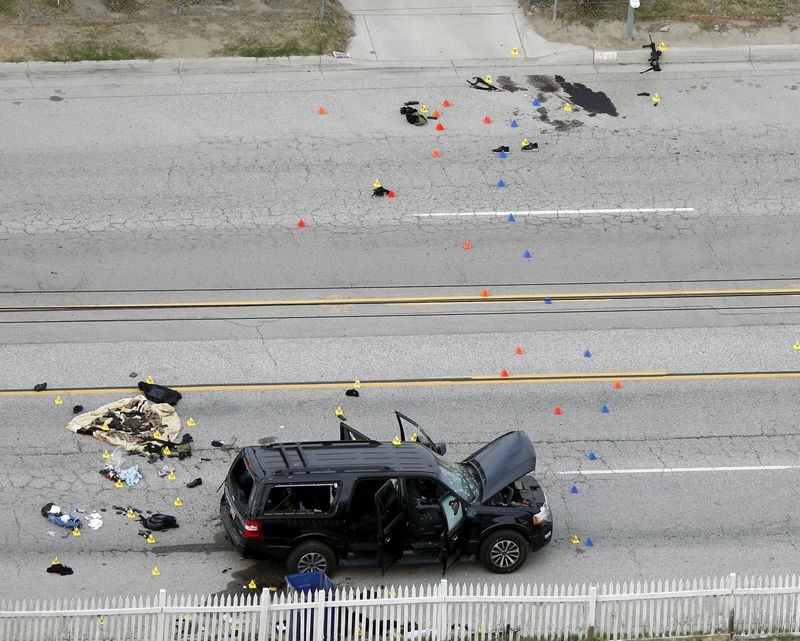 © Reuters. The remains of a SUV involved in the Wednesdays attack is shown in San Bernardino, California