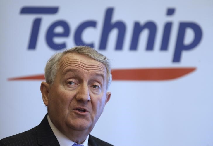 © Reuters. Thierry Pilenko, Chairman and CEO of French oil engineering group Technip, speaks during the company's 2014 annual results news conference in Paris