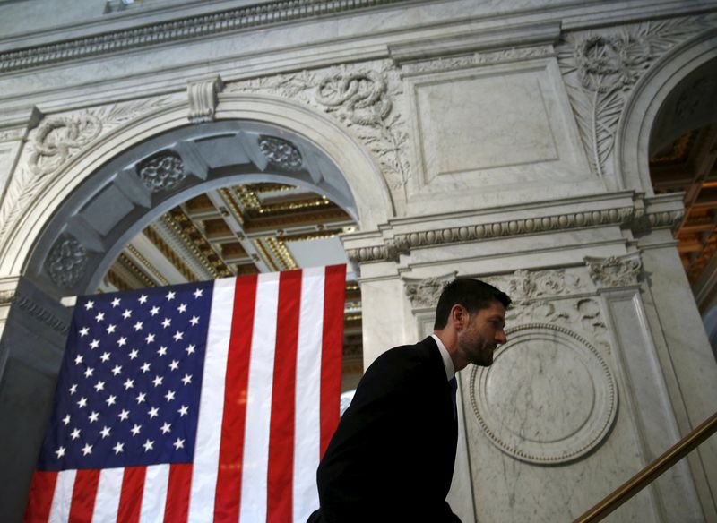 © Reuters. U.S. House Speaker Paul Ryan (R-WI) exits the Great Hall at the Library of Congress after delivering a policy speech in Washington