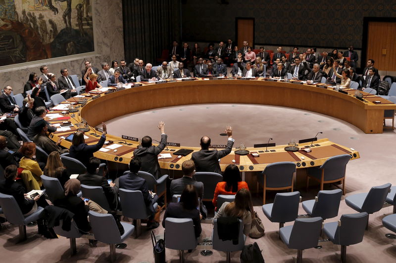 © Reuters. United Nations Security Council members cast their votes in favor of the adoption of the agenda during meeting on alleged human rights abuses by North Korea