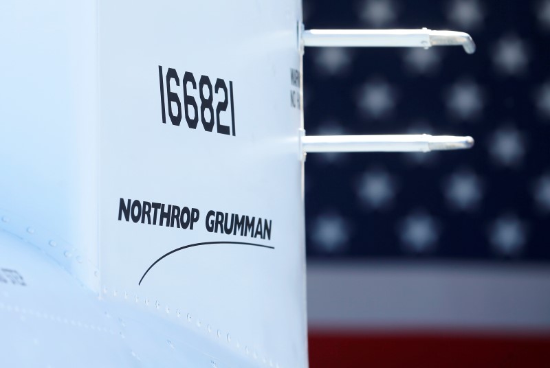 © Reuters. The corporate logo of  Northrop Grumman is shown on a Fire Scout MQ-8 B unmanned helicopter in California