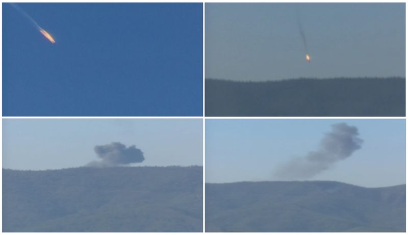 © Reuters. Combination frame grabs shows a war plane crashing in flames in a mountainous area in northern Syria after it was shot down by Turkish fighter jets near the Turkish-Syrian border