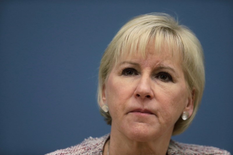 © Reuters. Sweden's Minister of Foreign Affairs Wallstrom listens during a news conference in Riga