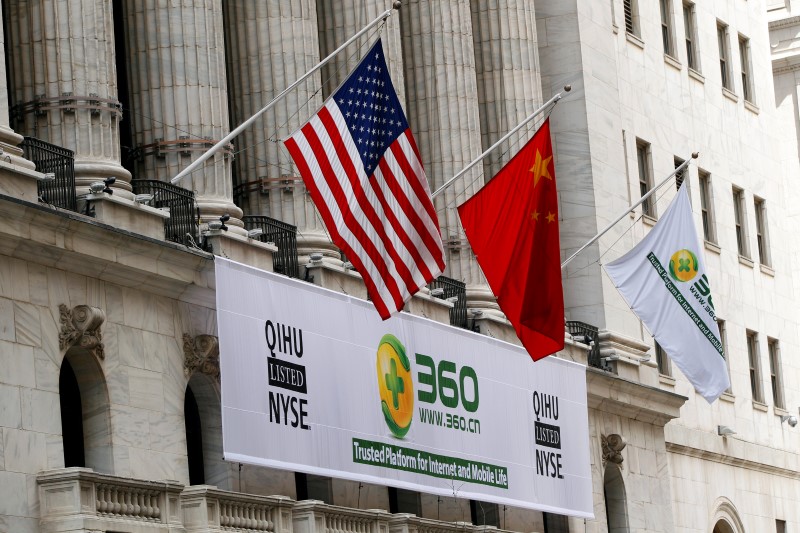 © Reuters. A sign advertising the Qihoo 360 Technology Co Ltd is hung with the U.S. and Chinese flags outside of the New York Stock Exchange