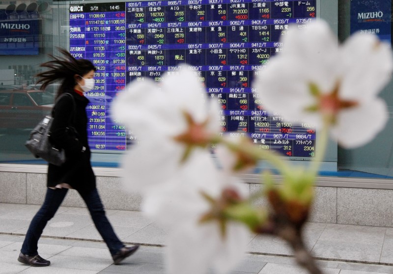 © Reuters. Cherry blossoms bloom in front of a stock quotation board outside a brokerage in Tokyo