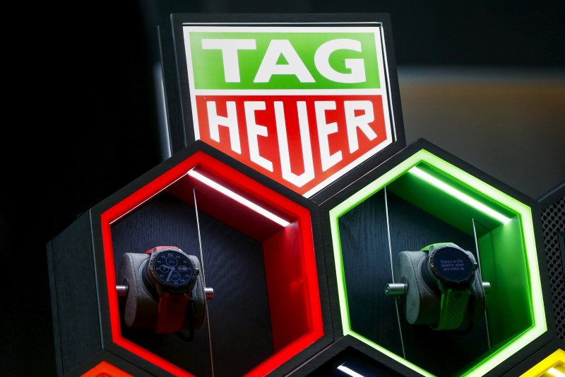 © Reuters. Displays of the Tag Heuer "smartwatch" are seen during a news conference in New York 