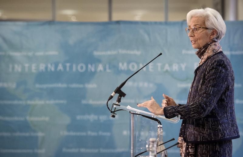 © Reuters. Managing Director of the International Monetary Fund Christine Lagarde speaks at a press conference at the Treasury in London