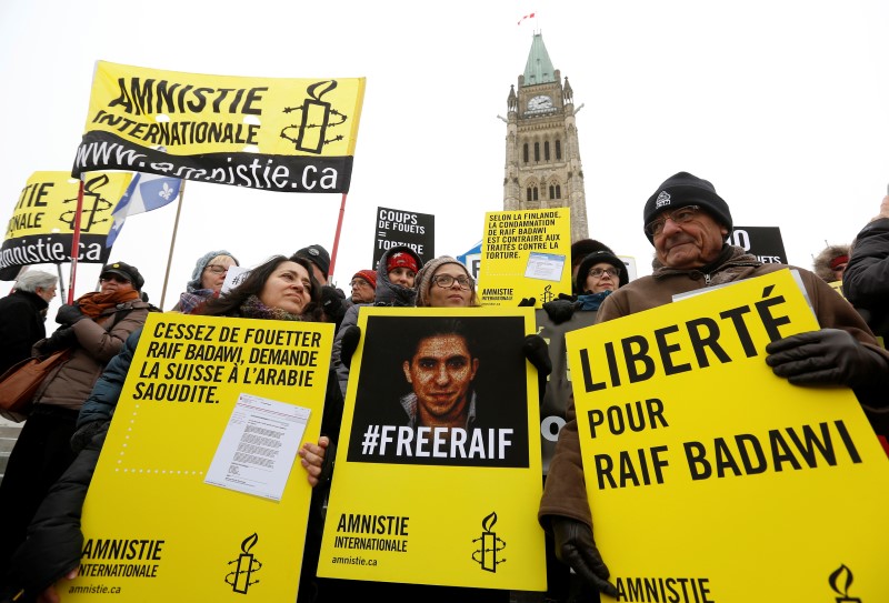 © Reuters. Haidar takes part in a demonstration calling for the release of her husband, Raif Badawi, on Parliament Hill in Ottawa