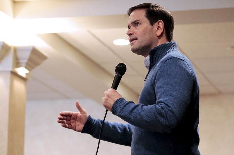 © Reuters. U.S. Republican presidential candidate and U.S. Senator Marco Rubio speaks to supporters at a Miami Dolphins versus New England Patriots watch party in Atkinson, New Hampshire