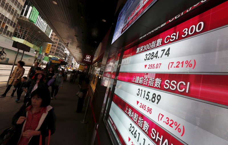 © Reuters. Pessoas passam por painel exibindo cotações de ações de bolsa na China, em Hong Kong