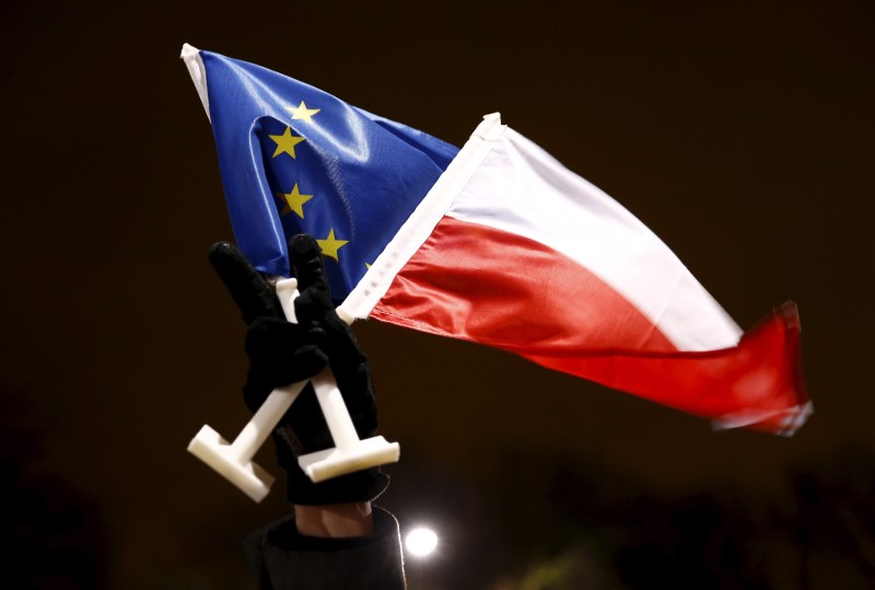 © Reuters. A protester flashes a victory sign as he holds Polish and EU flags during an anti-government demonstration in front of PiS (Law and Justice) leader Jaroslaw Kaczynski's house in Warsaw