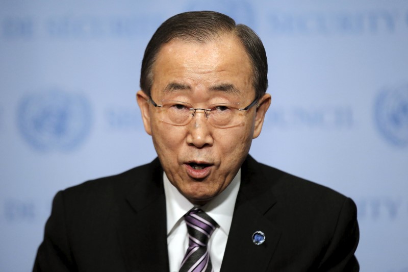 © Reuters. United Nations Secretary-General Ban Ki-moon speaks at U.N. headquarters in New York