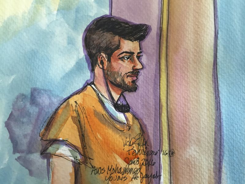 © Reuters. Aws Mohammed Younis al-Jayab is shown in this courtroom sketch appearing in federal court in Sacramento