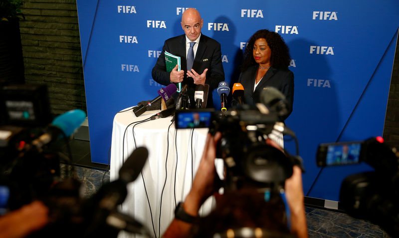© Reuters. FIFA President Infantino and FIFA Secretary Seneral Samoura address the media in Zurich