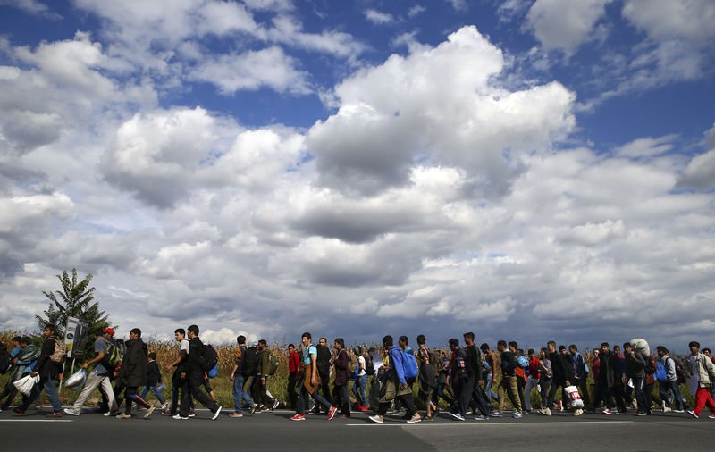 © Reuters. Refugiados e imigrantes andando na fronteira entre Sérvia e Hungria