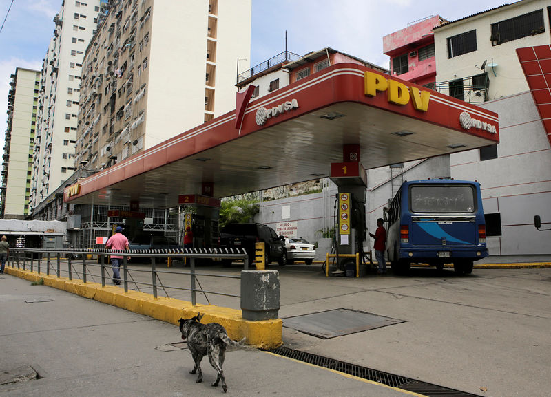 © Reuters. A dog walks past a gas station with the logo of the Venezuelan state oil company PDVSA in Caracas